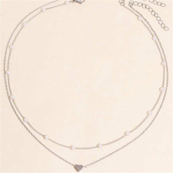 Gargantilla Simple de Perlas con Doble Cadena y Colgante de Corazón - Joyería para Mujer