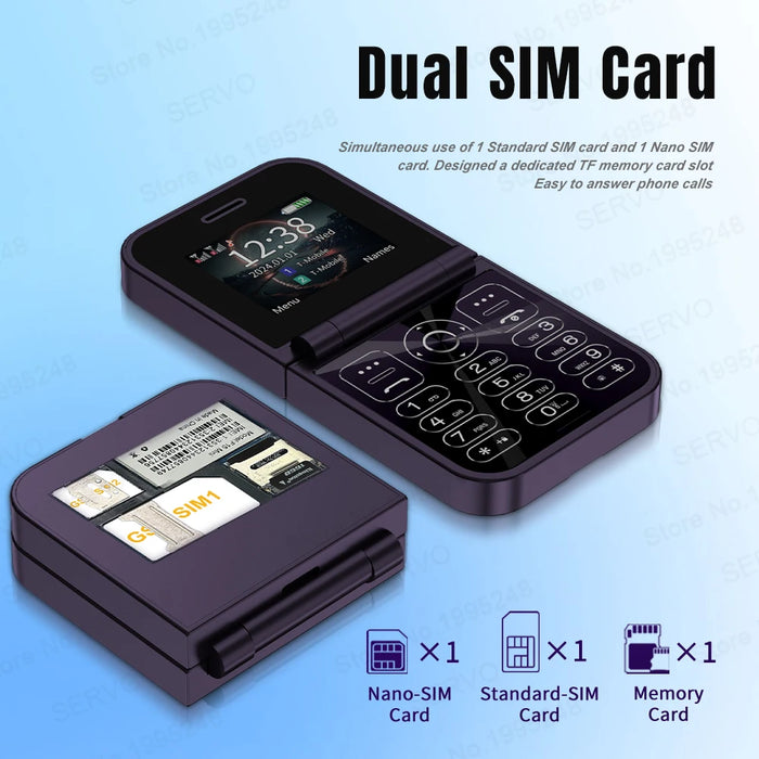 SERVO F15 Mini GSM Klappmobiltelefon 2 SIM Blacklist Magic Voice Automatisk Samtalsinspelning Snabbval MP4 Ficklampa Söt Liten Vikbar Mobiltelefon