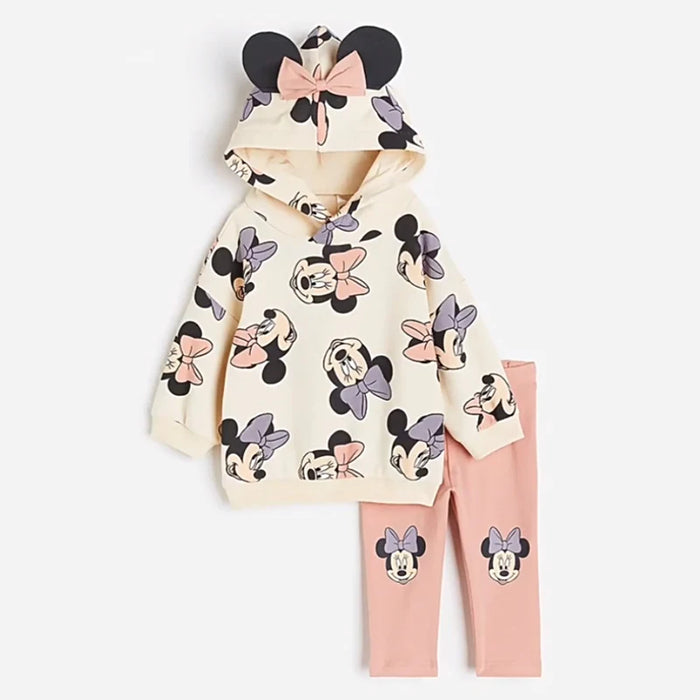 Conjunto de vestido de Minnie Mouse de primavera para niñas pequeñas - Linda sudadera con capucha de Disney y conjunto de ropa estampada de manga larga para niños