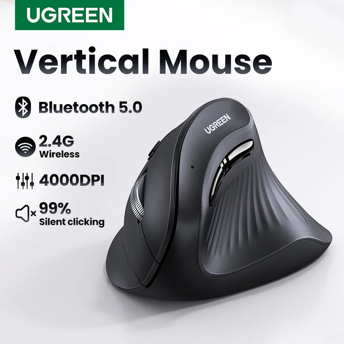 UGREEN Ratón Vertical Inalámbrico Bluetooth 5.0 2.4G Ergonómico 4000DPI con 6 Botones Silenciosos para MacBook, Tablets y Ordenadores