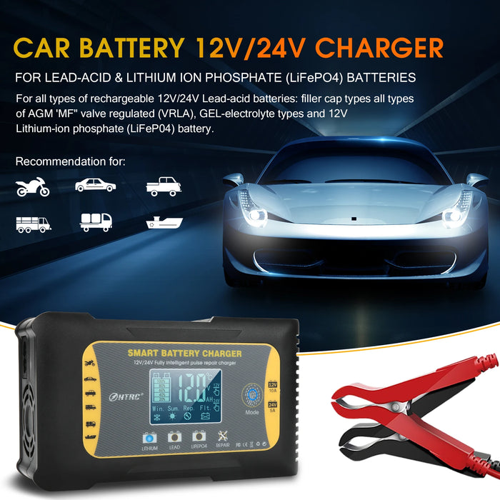 HTRC P20/P15/P10 12 V-24 V chargeur de batterie de voiture LCD réparation automatique d'impulsion charge pour Lifepo4 AGM chargeur de batterie au Lithium au plomb