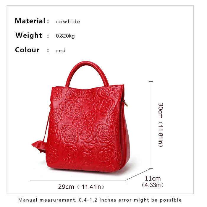 Elegant Floral Embossed Women's Leather Crossbody Bag, Spacious Top Grain Cowhide Bucket Bag