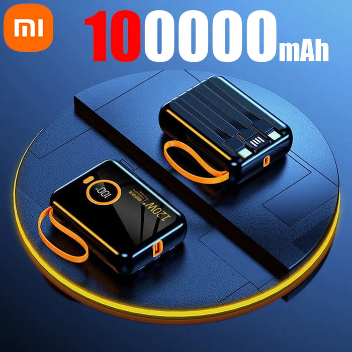 Xiaomi 120 W Schnelllade-Powerbank 100.000 mAh – 3 in 1 mit integriertem Kabel, externer Akku für iPhone, Huawei und Xiaomi 2024 Neu