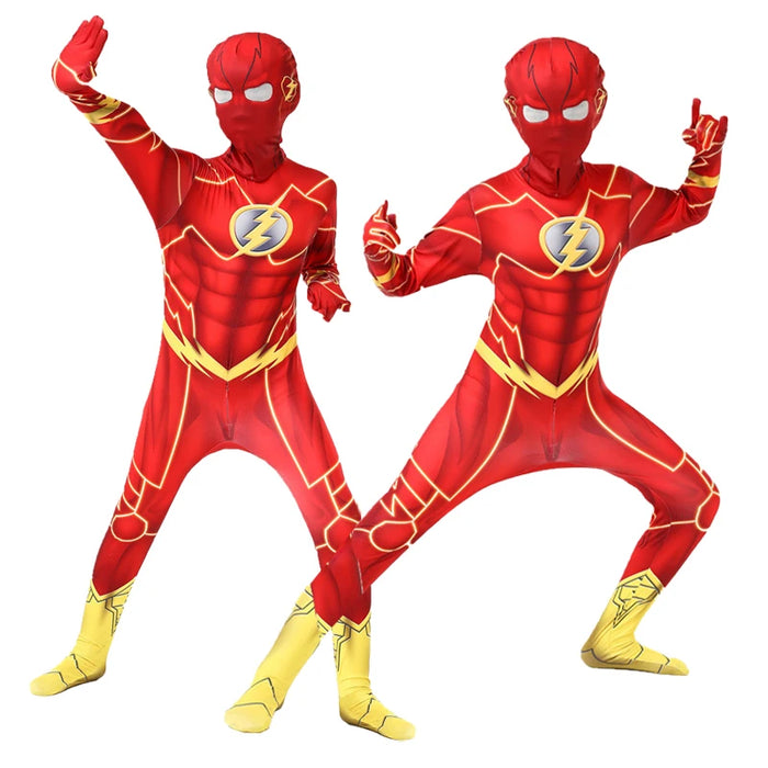 Superhelden-Flash-Man-Kostüm für Kinder mit Maske und Kopfschmuck für Karneval und Neujahr