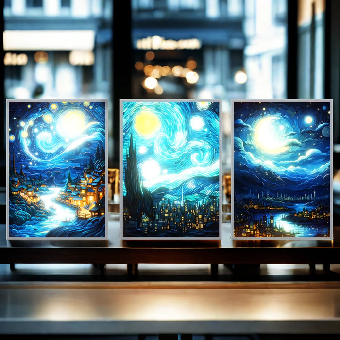 Pintura al óleo creativa y brillante del cielo estrellado de Van Gogh, decoración conectada por USB para sala de estar, dormitorio y entrada, lámpara de ambiente única como regalo