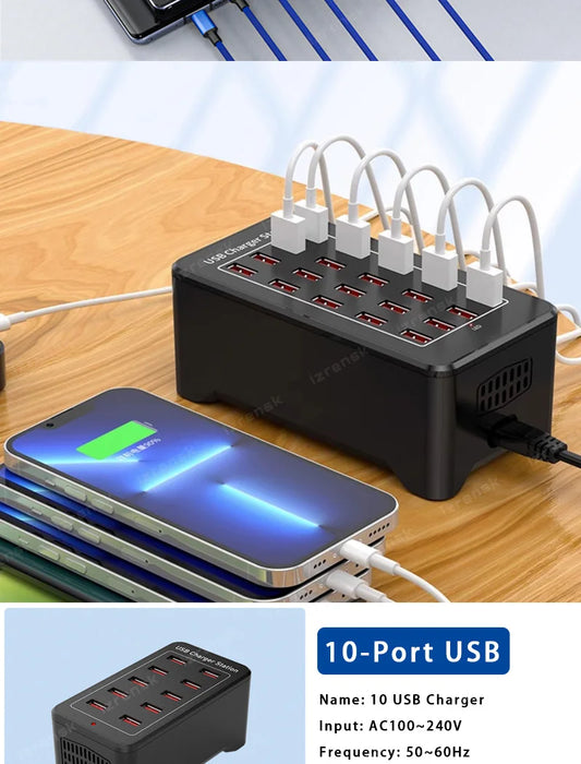 Estación de carga USB de 150 W: cargador multipuerto universal para múltiples dispositivos con 10-30 puertos, compatible con adaptadores de corriente de EE. UU., UE, AU y Reino Unido