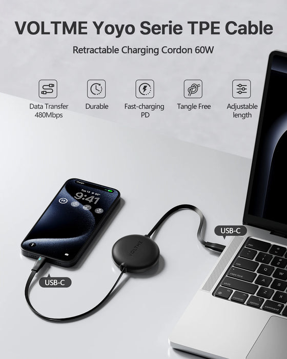 Câble USB C rétractable VOLTME PD 60W pour iPhone 15 Pro, iPad, Xiaomi, Oneplus, tablette, accessoires de charge rapide