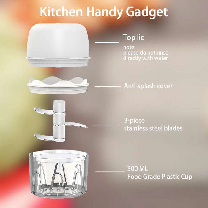 Mini Picadora Eléctrica para Alimentos: Ajo, Cebolla, Verduras, Carne, Fruta - Trituradora Pequeña y Licuadora Recargable 300ml