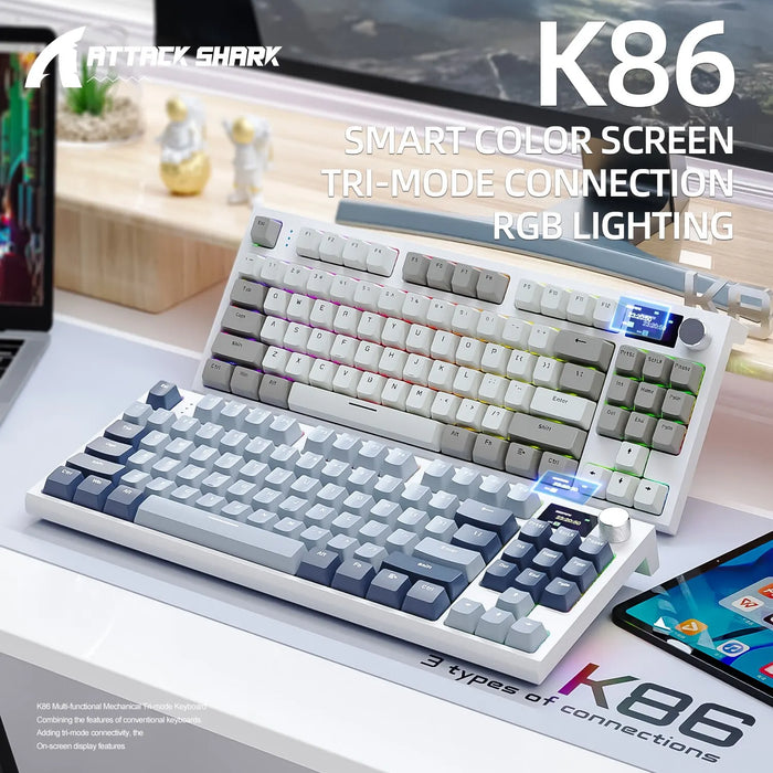 Teclado mecánico inalámbrico K86 intercambiable en caliente Bluetooth/2,4g con pantalla y perilla de volumen para juegos y trabajo