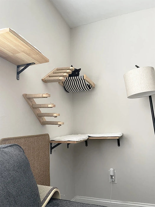 Wall-Mounted Cat Climbing Shelf with Ladders and Sisal Ropes for Clogging and Resting for Cats and Kittens