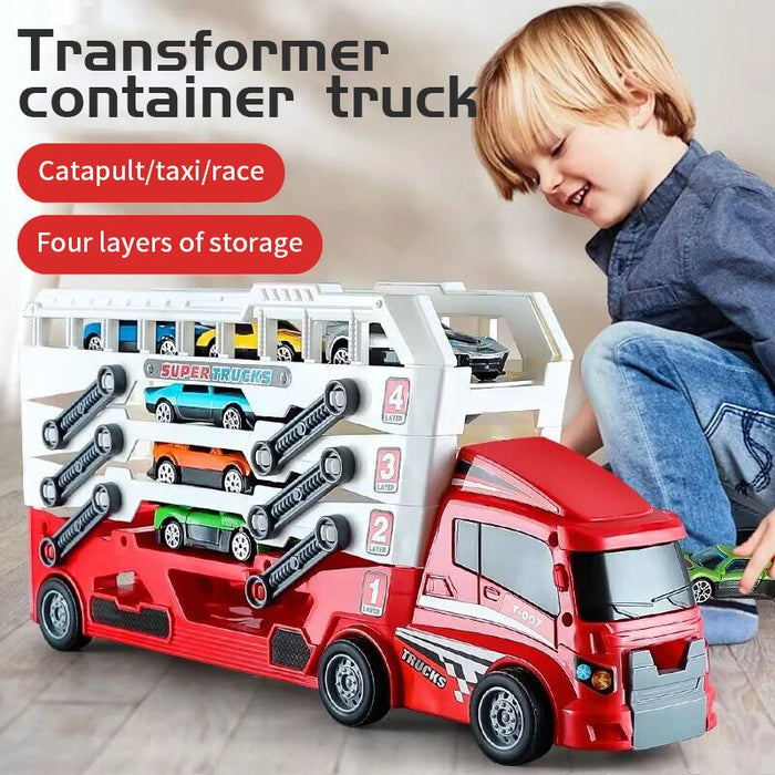 Camion conteneur à benne basculante avec 6 voitures en alliage – Camions tracteurs pour enfants, cadeau parfait pour Noël et Thanksgiving