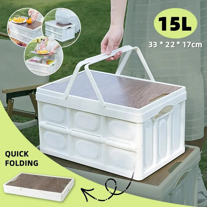 Collapsible 15L Outdoor Storage Box with Thick Bottom, Portable for Car Mounting, Wooden Lid for Home Organization