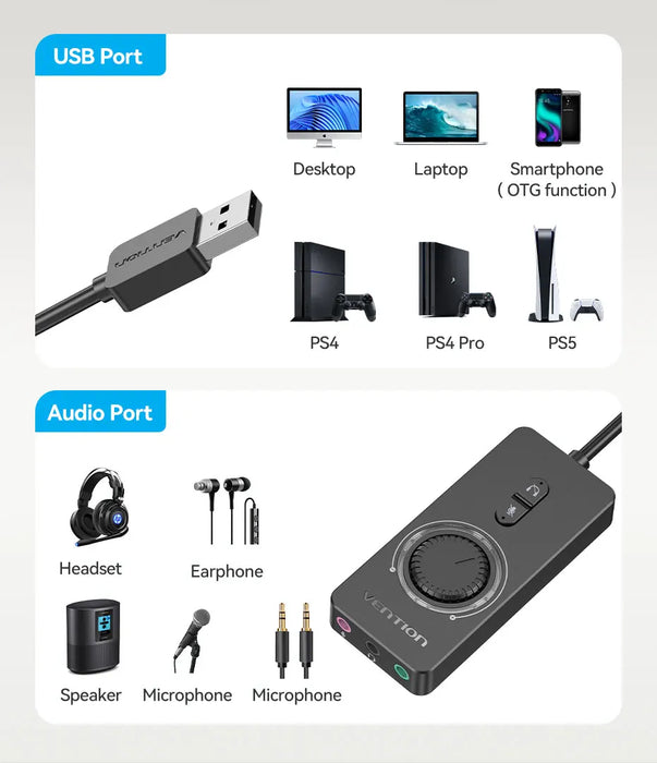 Vention Tarjeta de sonido externa USB - Adaptador de audio USB a 3,5 mm para auriculares y micrófono para Macbook, computadora, computadora portátil y PS4