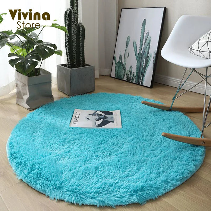 Round Green Plush Rug for Living Room - Fluffy Carpet for Sofa and Chairs, Long-Haired Floor Mat for Bathroom and Kids' Room Décor