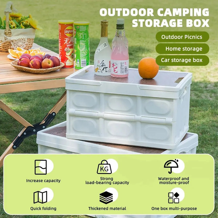 Collapsible 15L Outdoor Storage Box with Thick Bottom, Portable for Car Mounting, Wooden Lid for Home Organization