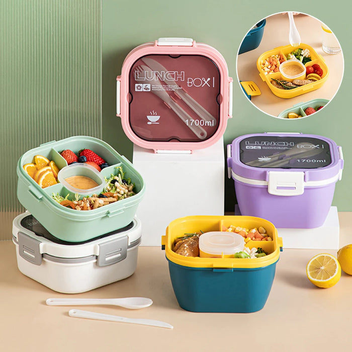 Boîte à bento double avec bol à salade – Passe au micro-ondes, grande capacité, 4 compartiments, boîte de rangement des aliments scellée pour organisateur de cuisine