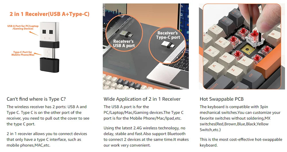 Teclado mecánico compacto 60 % inalámbrico: Bluetooth de 68 teclas con interruptores rojos intercambiables en caliente