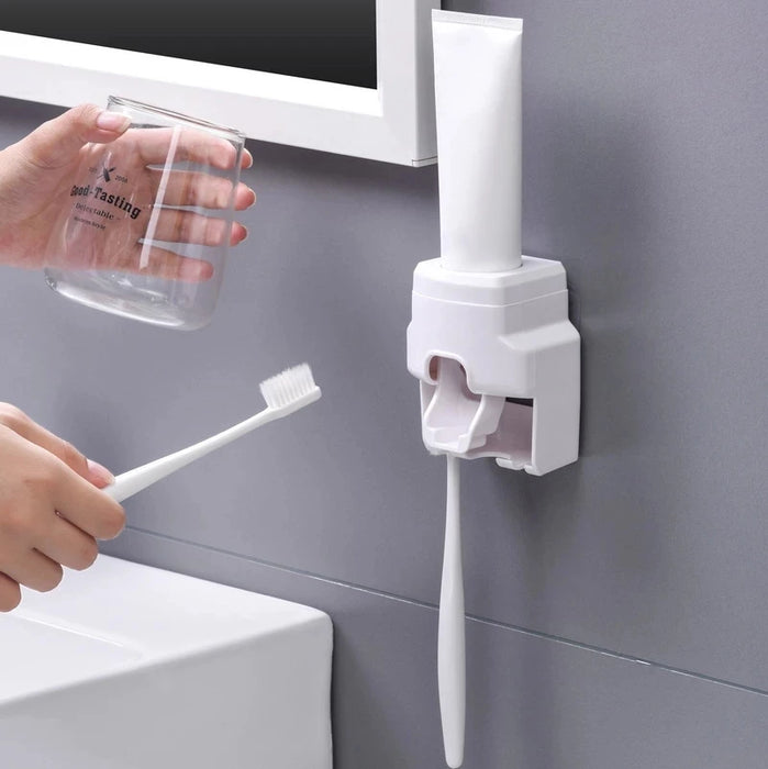 WIKHOSTAR Dispensador automático creativo de pasta de dientes con soporte para cepillos de dientes, accesorios de baño y estante de almacenamiento