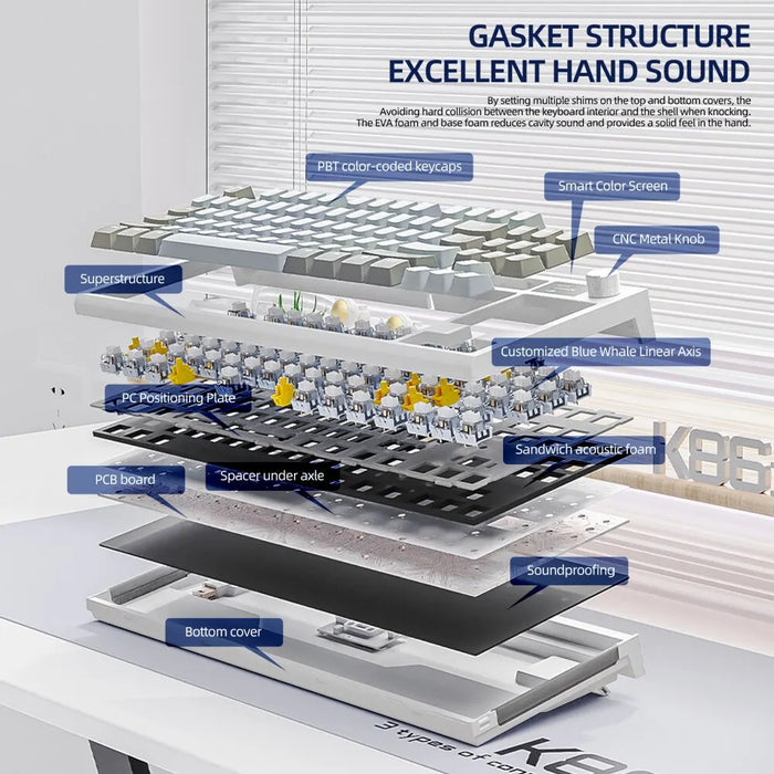 Teclado mecánico inalámbrico K86 intercambiable en caliente Bluetooth/2,4g con pantalla y perilla de volumen para juegos y trabajo