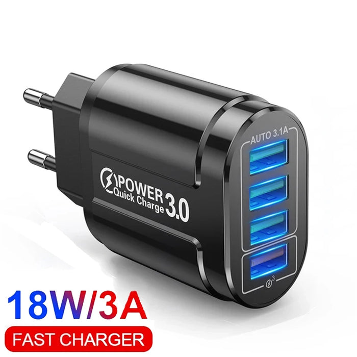 Cargador USB de 18 W y 4 puertos con Quick Charge 3.0 - Cargador de pared portátil para teléfonos móviles y tabletas, compatible con UE/EE. UU.