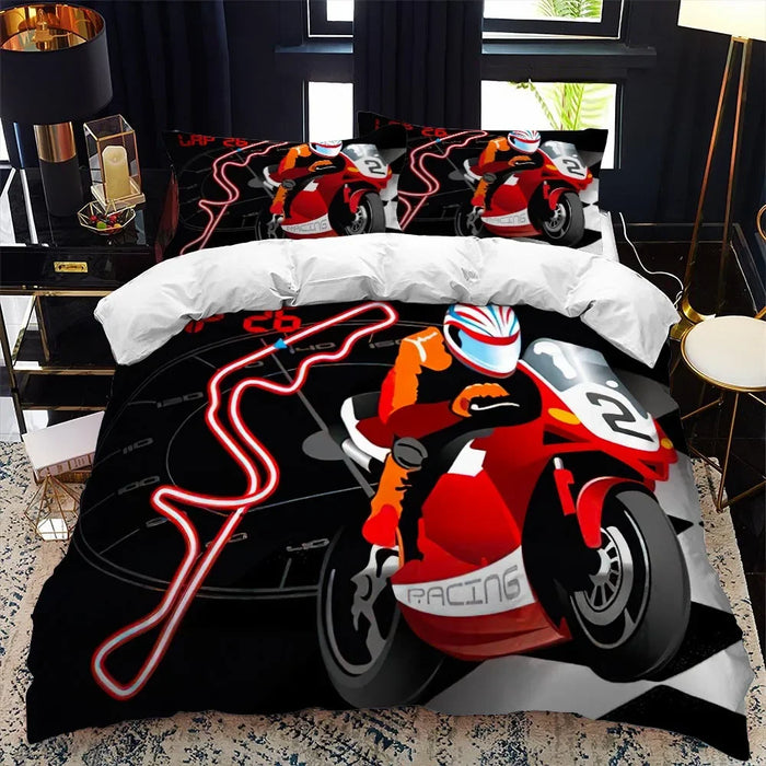 Motorradfahrer-Bettwäsche-Set mit Bettbezug, Queen Calico, Einzelbett, King-Size-Größe, weicher Polyester-Bettbezug, Tröster-Set