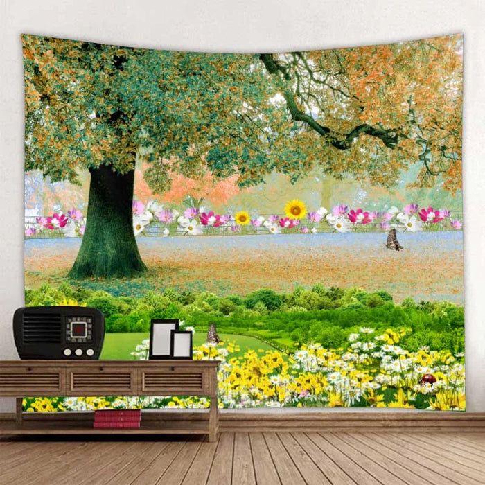 Magnifique papier peint cascade nature avec imprimé forêt et paysage marin - décoration murale hippie de style bohème avec motif mandala