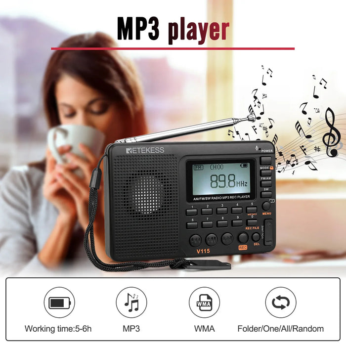 RETKEKESS V115 Radio portable FM AM SW – Radio à ondes courtes rechargeable avec enregistrement USB et haut-parleur