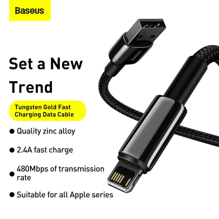 Câble de charge rapide Baseus 2,4A USB vers Lightning pour iPhone 13, 12, 11 Pro Max, XR, Xs - Câble de transfert de données 1m/2m