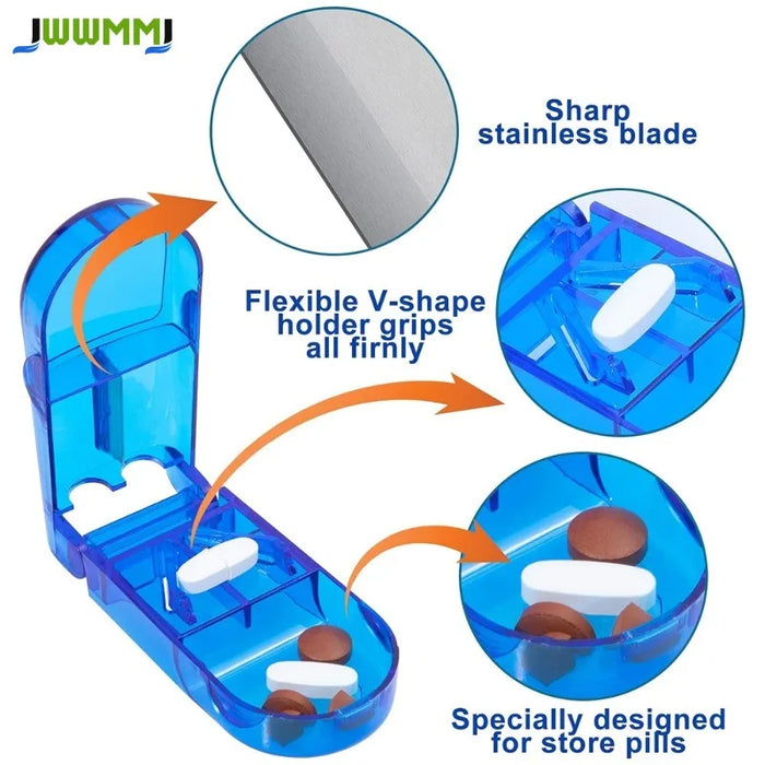 Tragbarer Pillenschneider mit Medikamentenbehälter für unterwegs – 1 Stk