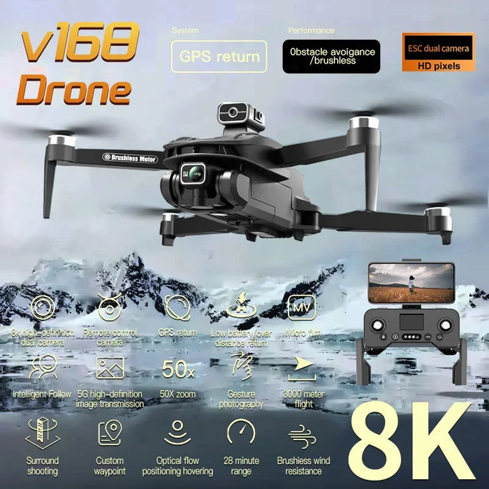 V168 PRO GPS-Drohne, professionell, 8K mit HD-Kamera, FPV, 5G, WLAN, bürstenloser Motor, faltbarer RC-Quadcopter mit Hindernisvermeidung