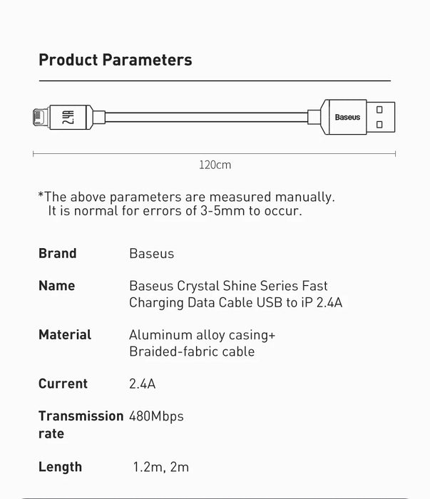 Cable USB Baseus 2.4A para iPhone 14 13 12 11 Pro Max X XR 8 Cable de carga rápida para iPad cargador USB y Cable de datos 1,2 m 2m