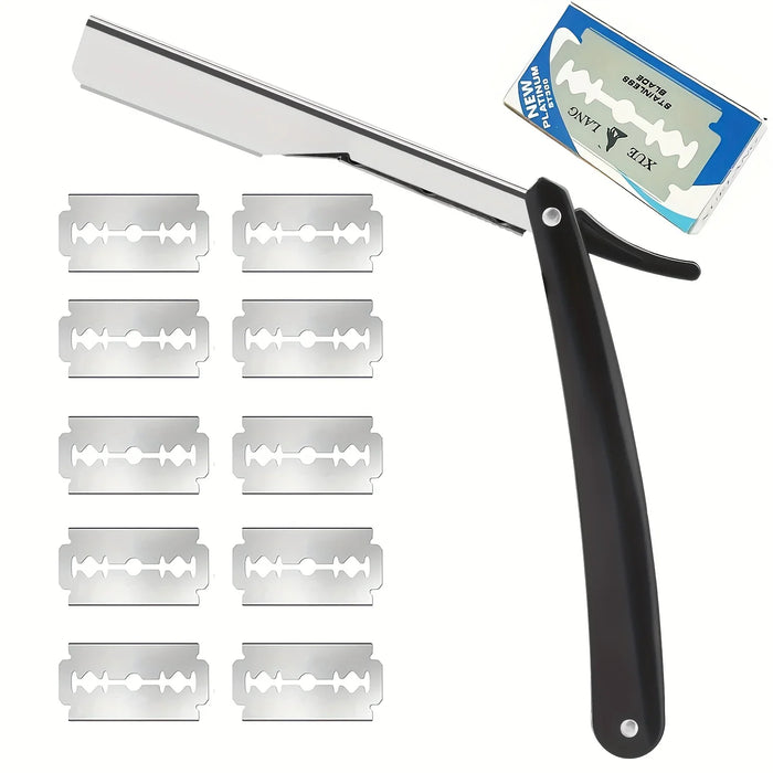 Manual Razor for Men - Stainless Steel Shaving Knife with 10 Blades