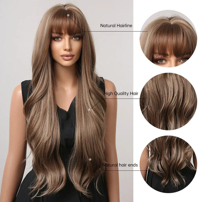 HAIRCUBE – perruque synthétique brune mixte blonde avec frange, perruque longue et ondulée naturelle pour femmes, usage quotidien, Cosplay, résistante à la chaleur