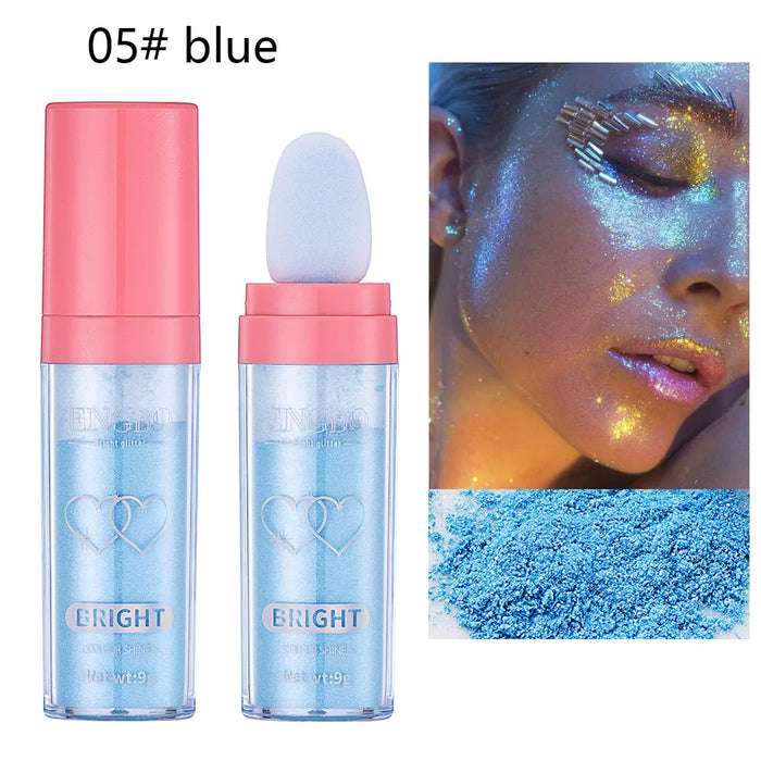 Body Glitter Shimmer Highlighter-Puder für Gesicht und Körper mit Schwammkopf – High Fairy Glitter Sparkle Powder für glänzenden Make-up-Stick