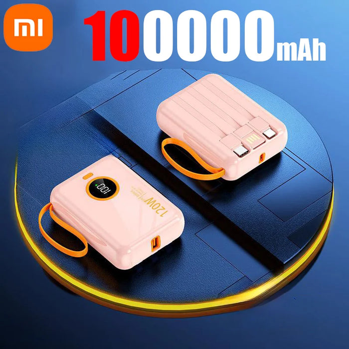 Xiaomi 120 W Schnelllade-Powerbank 100.000 mAh – 3 in 1 mit integriertem Kabel, externer Akku für iPhone, Huawei und Xiaomi 2024 Neu