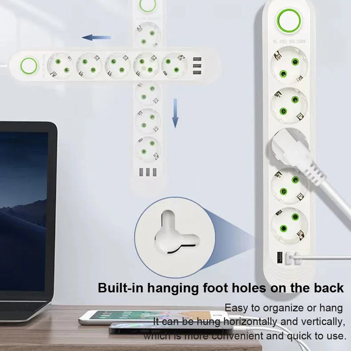 Boîte de jonction de prise ue avec 5 prises et 3 Ports USB, rallonge de 2M, prise ca à broches rondes, adaptateur multi-connecteur 2500W