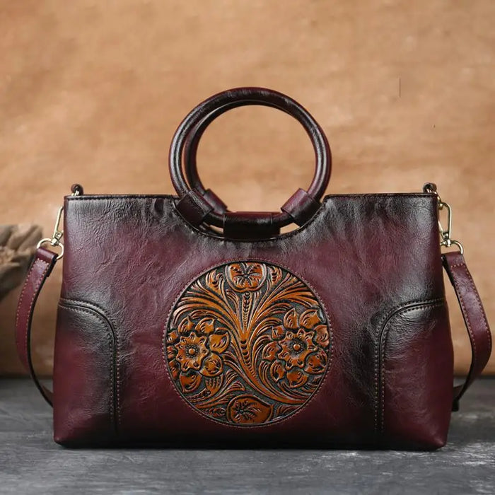 Elegant Handmade Floral Embossed Leather Shoulder Bag - Vintage Large Capacity Handbag for Women