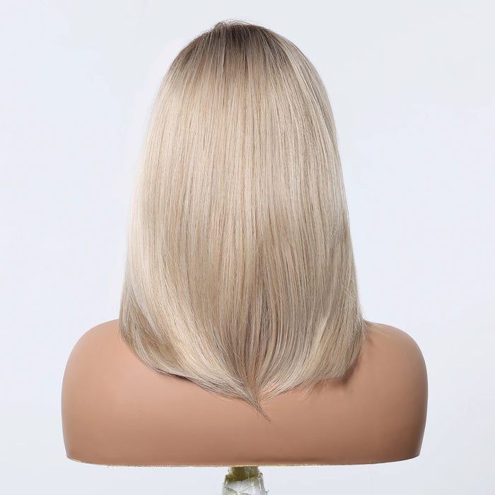 Perruque synthétique mi-longue droite pour usage quotidien – Perruque blonde brune avec frange et racines foncées pour cosplay et fêtes, fibre résistante à la chaleur