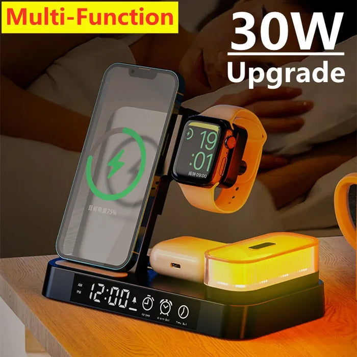 Cargador inalámbrico 3 en 1 de 30W, soporte con alarma, reloj con luz nocturna, estación de carga rápida para iPhone, Samsung, Galaxy, Watch, IWatch