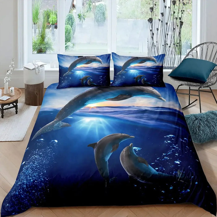 Juego de cama 3D con motivo de delfines - Motivo de mar azul en tamaño Queen y King para niños y adultos