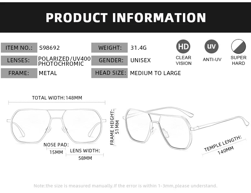 Lunettes de soleil photochromiques de luxe pour hommes et femmes - Pare-soleil polarisés et élégants protégés contre les UV400