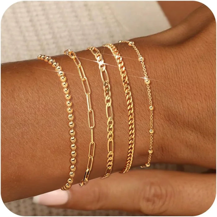 14K Gold Plated Stainless Steel Bracelet Set - Water Resistant and Adjustable Bohemian Chains for Women and Girls