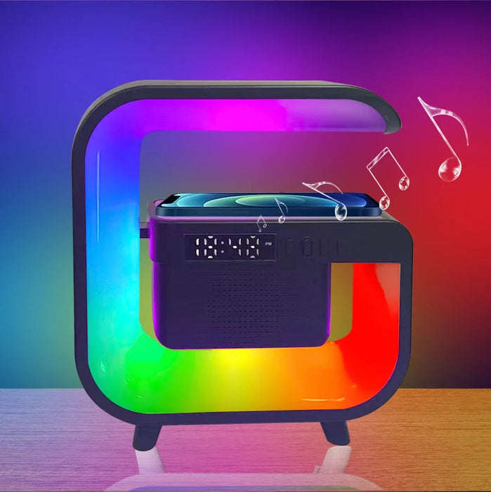 Multifunktionell Trådlös Laddningsstation med Bluetooth 5.0 Högtalare, FM, TF, RGB Nattlampa och Snabbladdning för iPhone, Samsung och Xiaomi