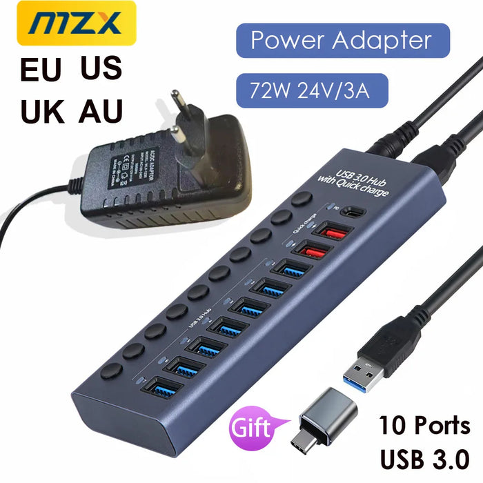 MZX 10 7 4 Port USB Hub 3.0 Aluminum A 3 0 Multi-hub Splitter Concentrator Dock Multiple Extensor Switch Adapter Docking Station