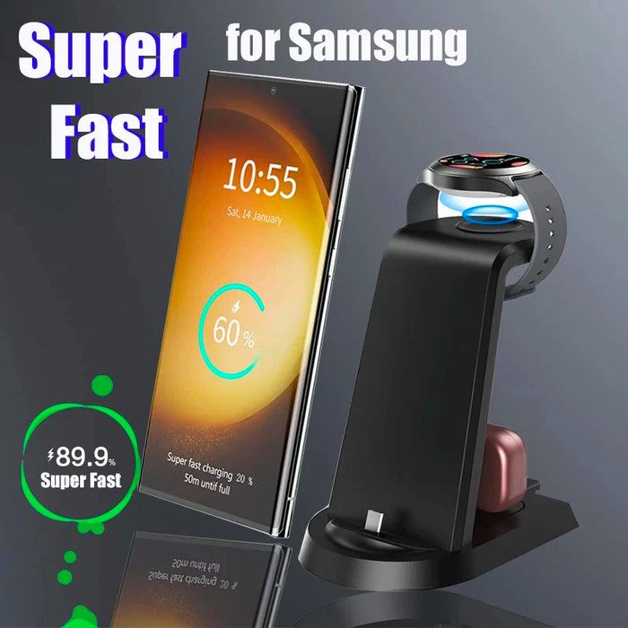 Cargador inalámbrico súper rápido de 25W 3 en 1 para Samsung S24 S23 Ultra S22 S21 S20 Galaxy 5 4 3 estación de carga de auriculares de reloj activo