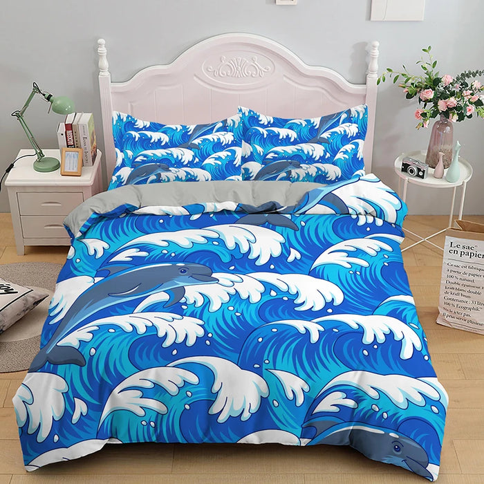 Juego de cama 3D con motivo de delfines - Motivo de mar azul en tamaño Queen y King para niños y adultos