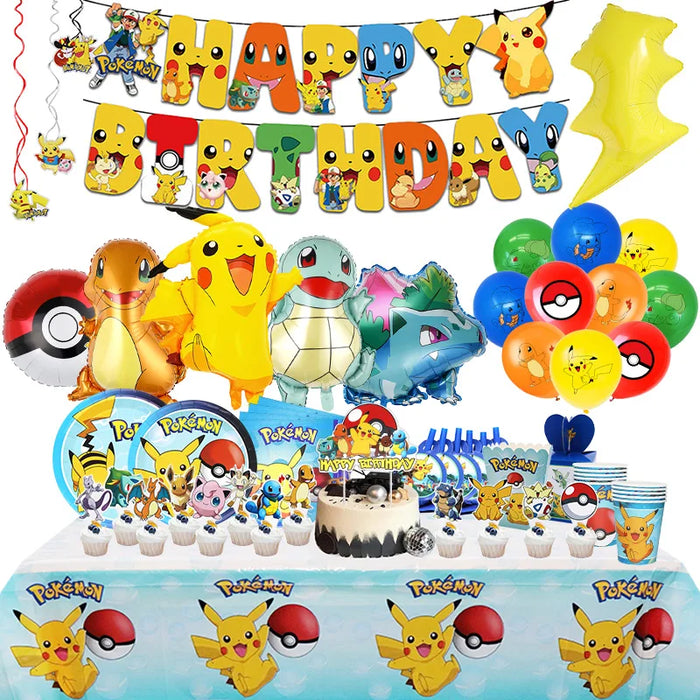 Essentiels de fête d'anniversaire sur le thème de Pikachu – Kit de ballons Lightning Pikachu, vaisselle, bannières et toile de fond pour fête d'enfants