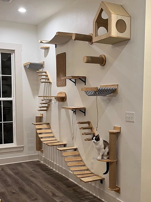 Wall-Mounted Cat Climbing Shelf with Ladders and Sisal Ropes for Clogging and Resting for Cats and Kittens