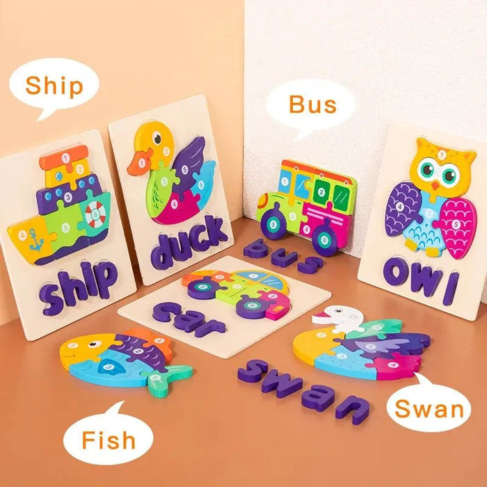 Puzzle animaux en bois Montessori pour les tout-petits - Jouet éducatif avec motifs d'animaux et bâtons alphabétiques en cadeau