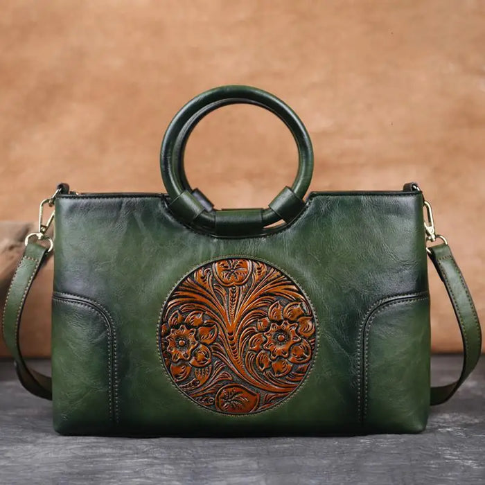 Elegant Handmade Floral Embossed Leather Shoulder Bag - Vintage Large Capacity Handbag for Women